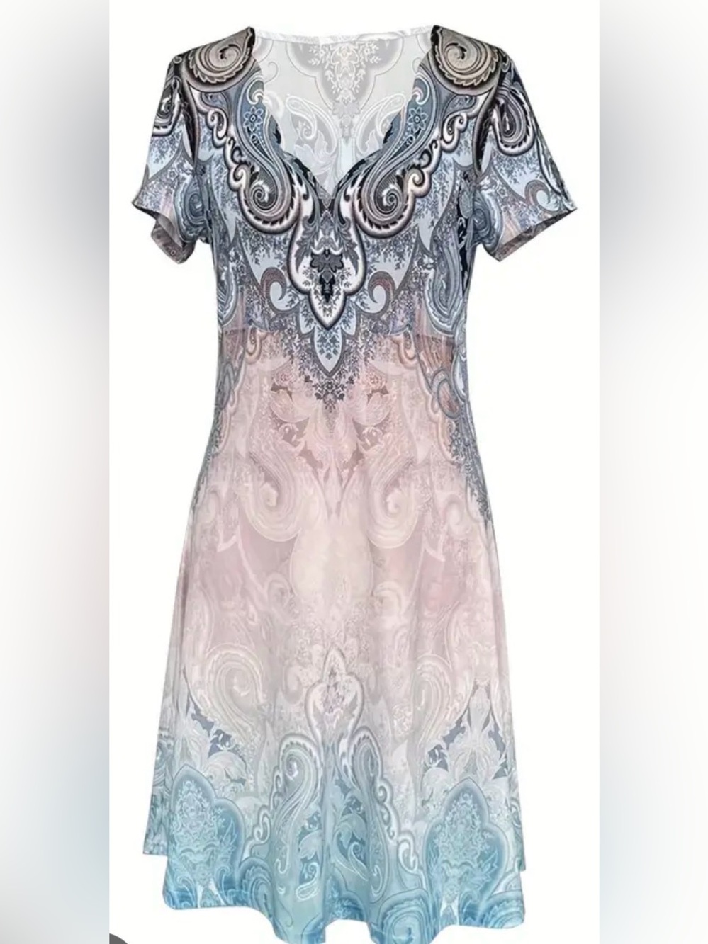 Paisley Scalloped V-Neck Dress Short Sleeve Gradient Blue & Pink Print Sz XXL - Picture 2 of 14